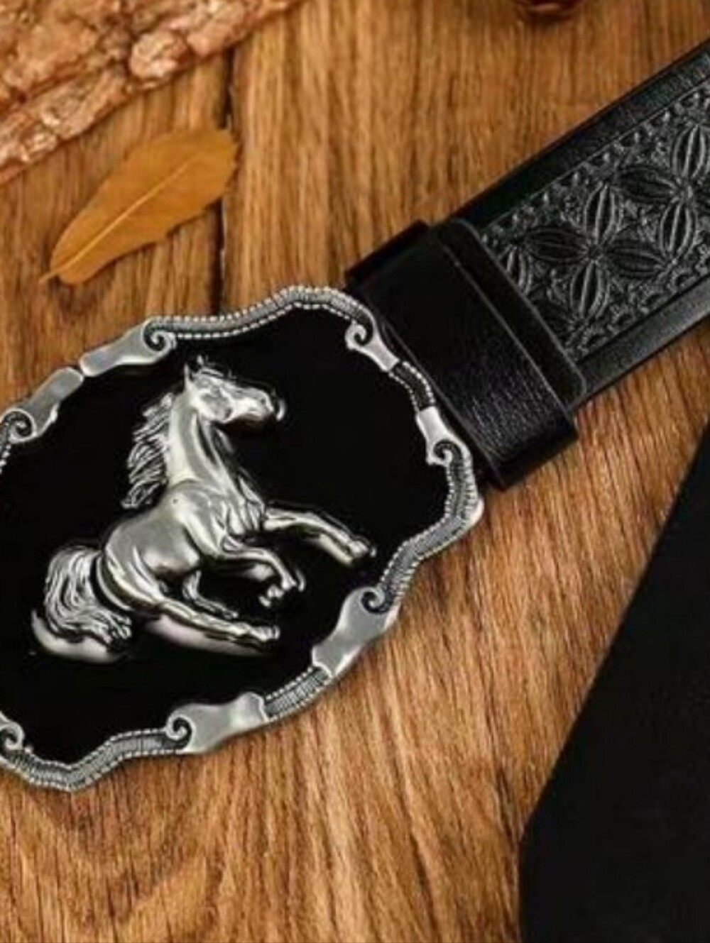 Western Cowboy Black Leather Belt with Decorative Horse Buckle - Picture 6 of 10